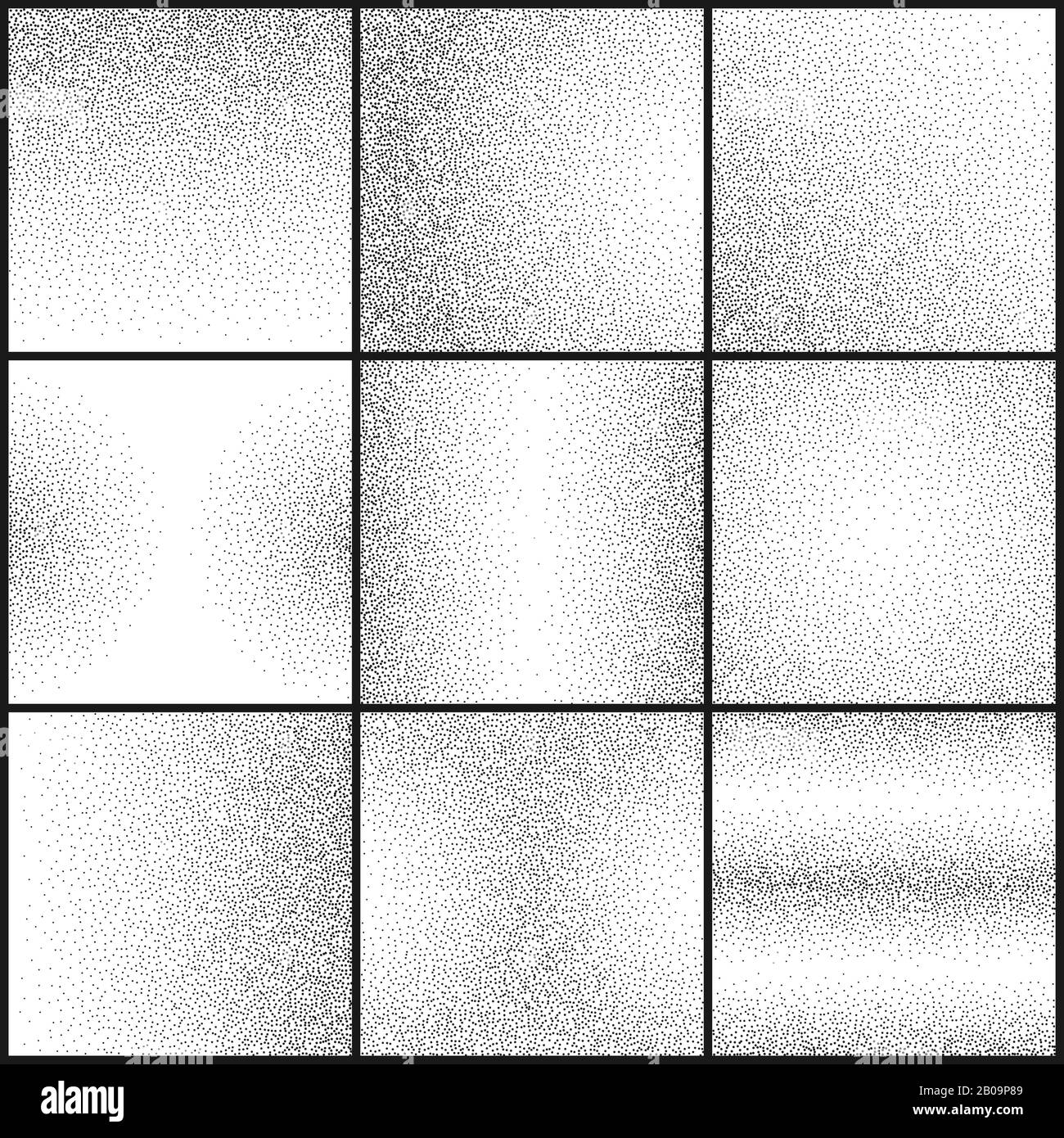 Sottile grunge punteggiato gritty textures vettore set. Ruvida sabbia sporca texture, illustrazione di bianco nero astratto sabbia disegno Illustrazione Vettoriale