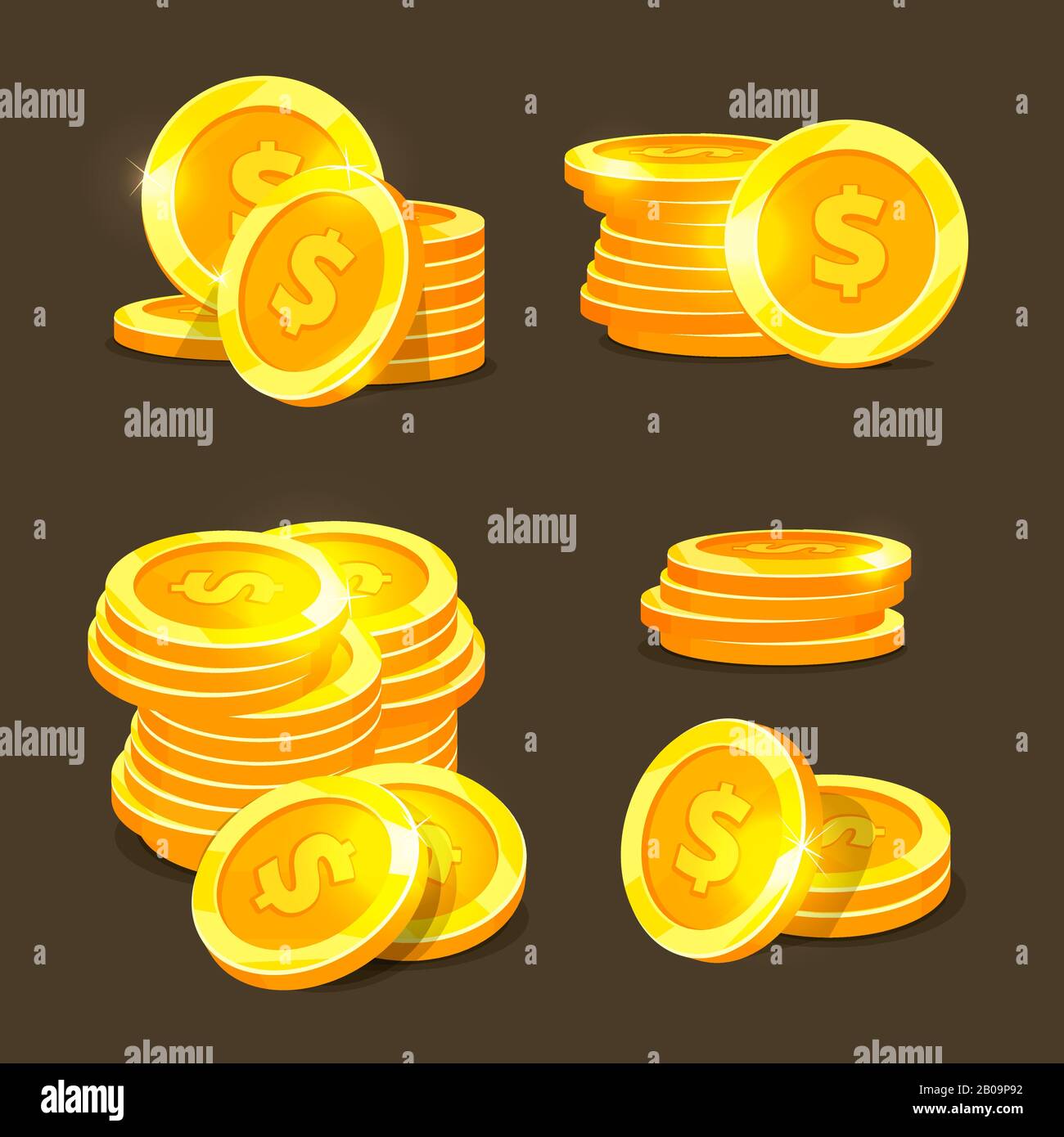 Monete d'oro icone vettoriali, pile di monete d'oro e cumuli. Illustrazione delle monete finanziarie dollaro Illustrazione Vettoriale