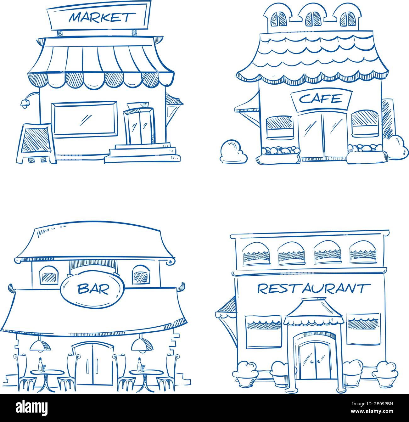 Negozio disegnato a mano, negozio, ristorante, caffetteria, bar edifici. Collezione di doodle vettoriali di edifici di schizzo. Illustrazione dell'edificio del mercato Illustrazione Vettoriale