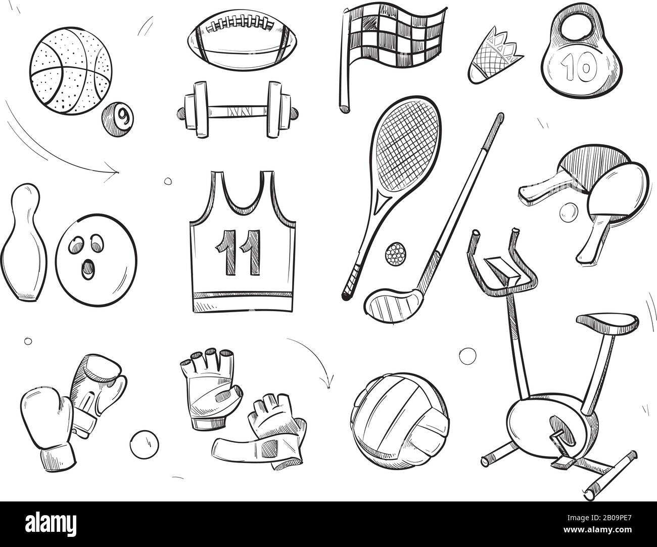 Disegno a mano schizzo sport attrezzatura fitness vettore doodle icone.  Disegno di attrezzatura sportiva e fitness, palla per gioco e peso per  illustrazione sport palestra Immagine e Vettoriale - Alamy