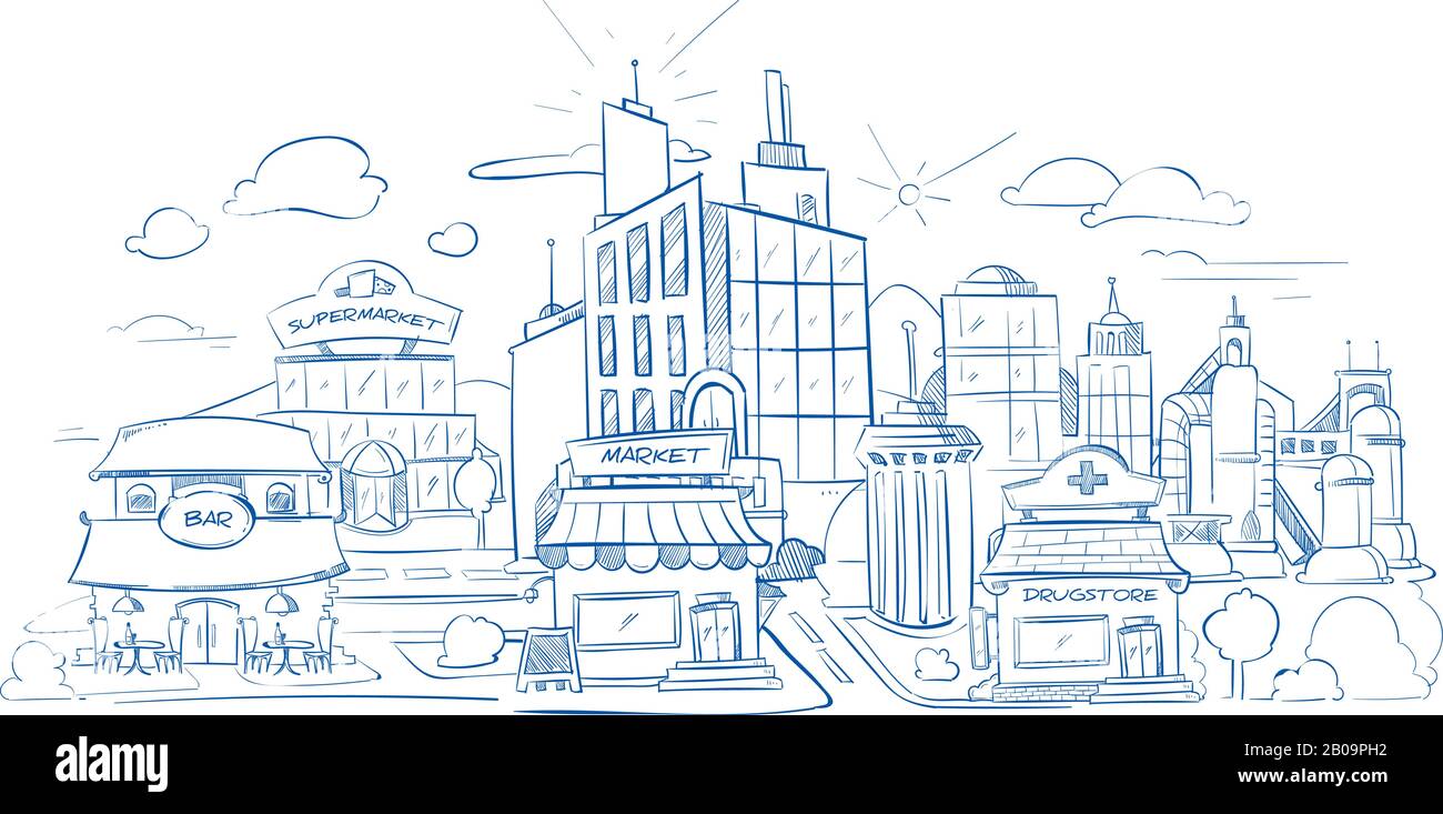 Paesaggio urbano con edifici moderni disegno a matita, disegnato a mano, illustrazione vettoriale doodle. Facciata del supermercato negozio città, contorno quartiere con facciata ristorante e farmacia Illustrazione Vettoriale