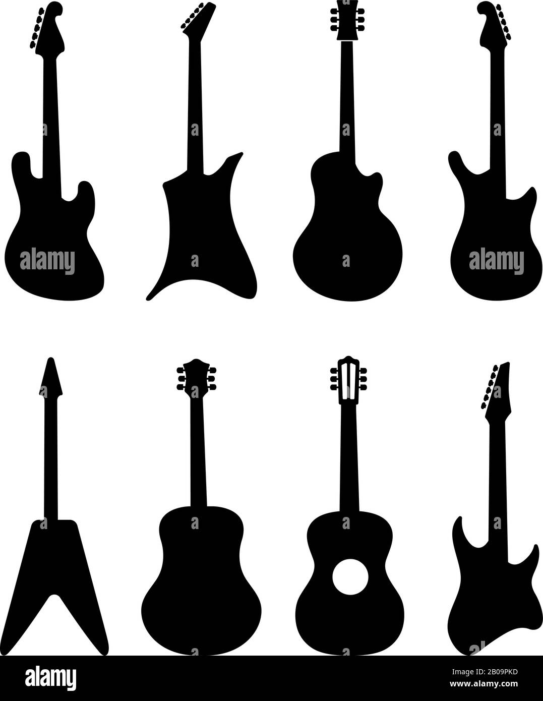 Sagome vettoriali per chitarra. Chitarre elettriche, acustiche e rock. Silhouette nera di chitarra rock, illustrazione di chitarre a corda musicale Illustrazione Vettoriale
