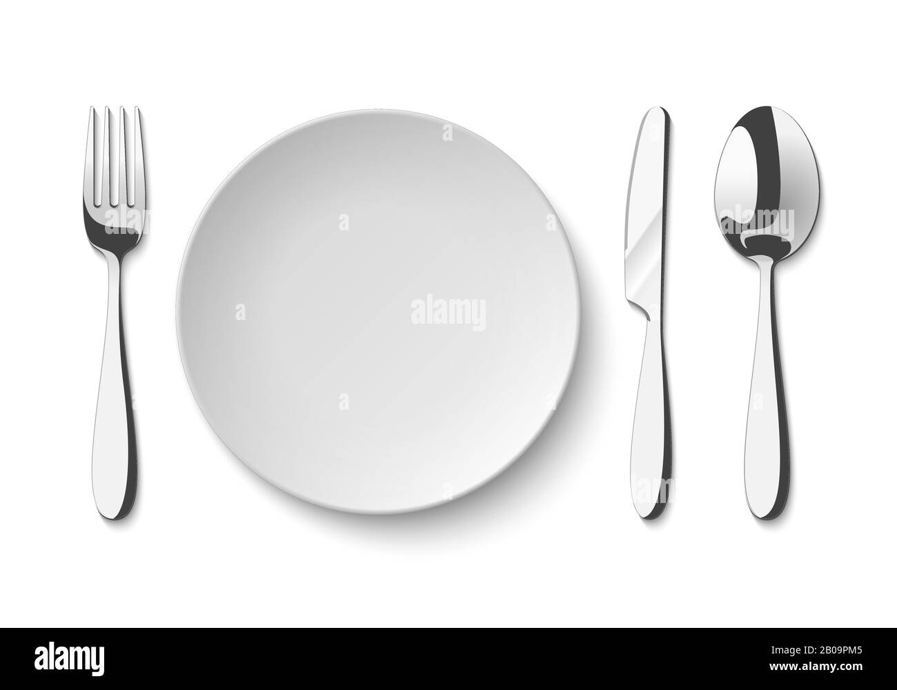 Piastra vuota con cucchiaio, coltello e forchetta. Set di posate isolate su sfondo bianco. Illustrazione Vettoriale