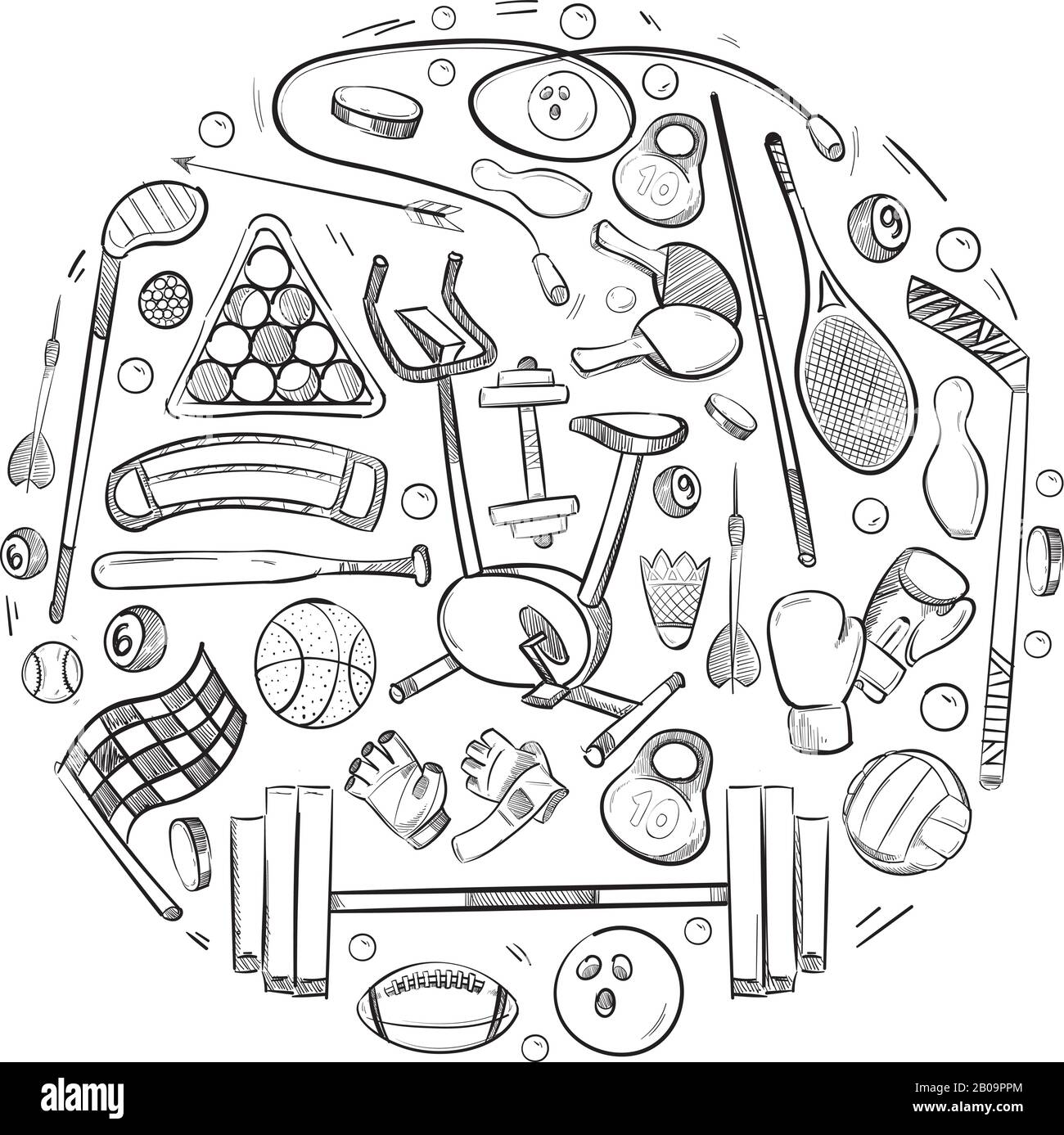 Sport attivi cose vettore Doodle icone set. Fitness sport di baseball e di allenamento, illustrazione di disegno, attrezzatura sportiva Illustrazione Vettoriale