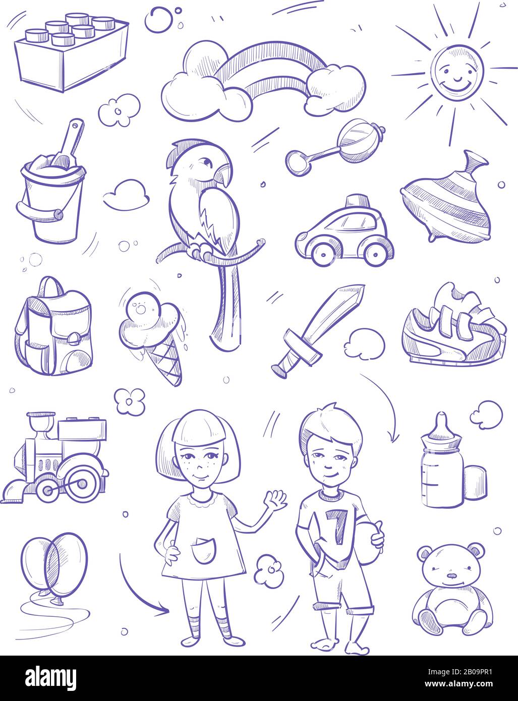Bambini sogni vettore sfondo con ragazzo, ragazza, animali domestici, giocattoli e bambini altri oggetti. Schizzo di gelato e peluche, illustrazione disegno abbozzare i bambini spada e costruttore Illustrazione Vettoriale