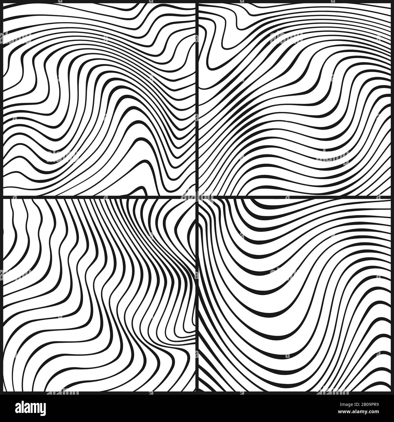 Texture vettoriali Ocean wavy line, ondulazione del contorno onde di mare ondulazione, motivi a strisce. Serie di forme d'onda di mare lineari, linea nera dell'illustrazione dell'onda Illustrazione Vettoriale