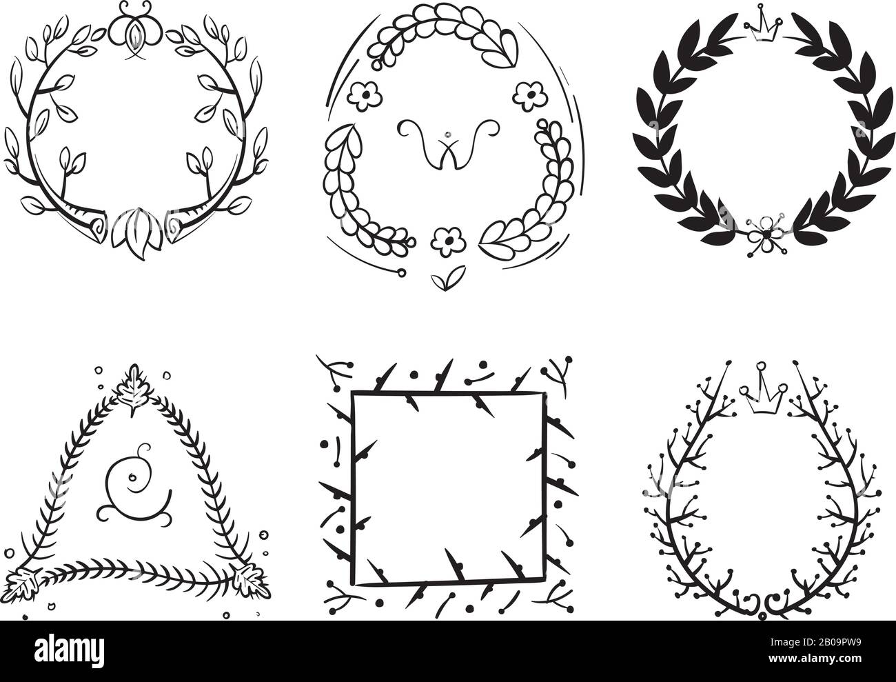 Doodle rustici ramificazione cornici, vettore disegnato a mano natura swirl albero bordo decorativo. Set di cornice di schizzo wreath, illustrazione di cornice botanica vintage Illustrazione Vettoriale