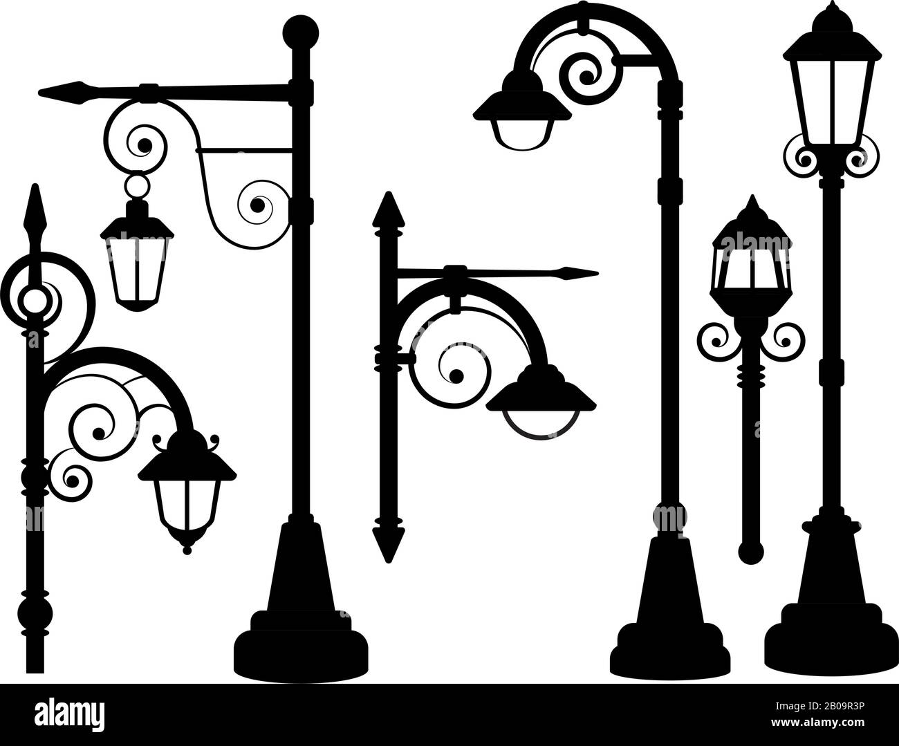 Lampada stradale, luci stradali sagome vettoriali. Lampada urbana Street, illustrazione di palo con lanterna lampada Illustrazione Vettoriale