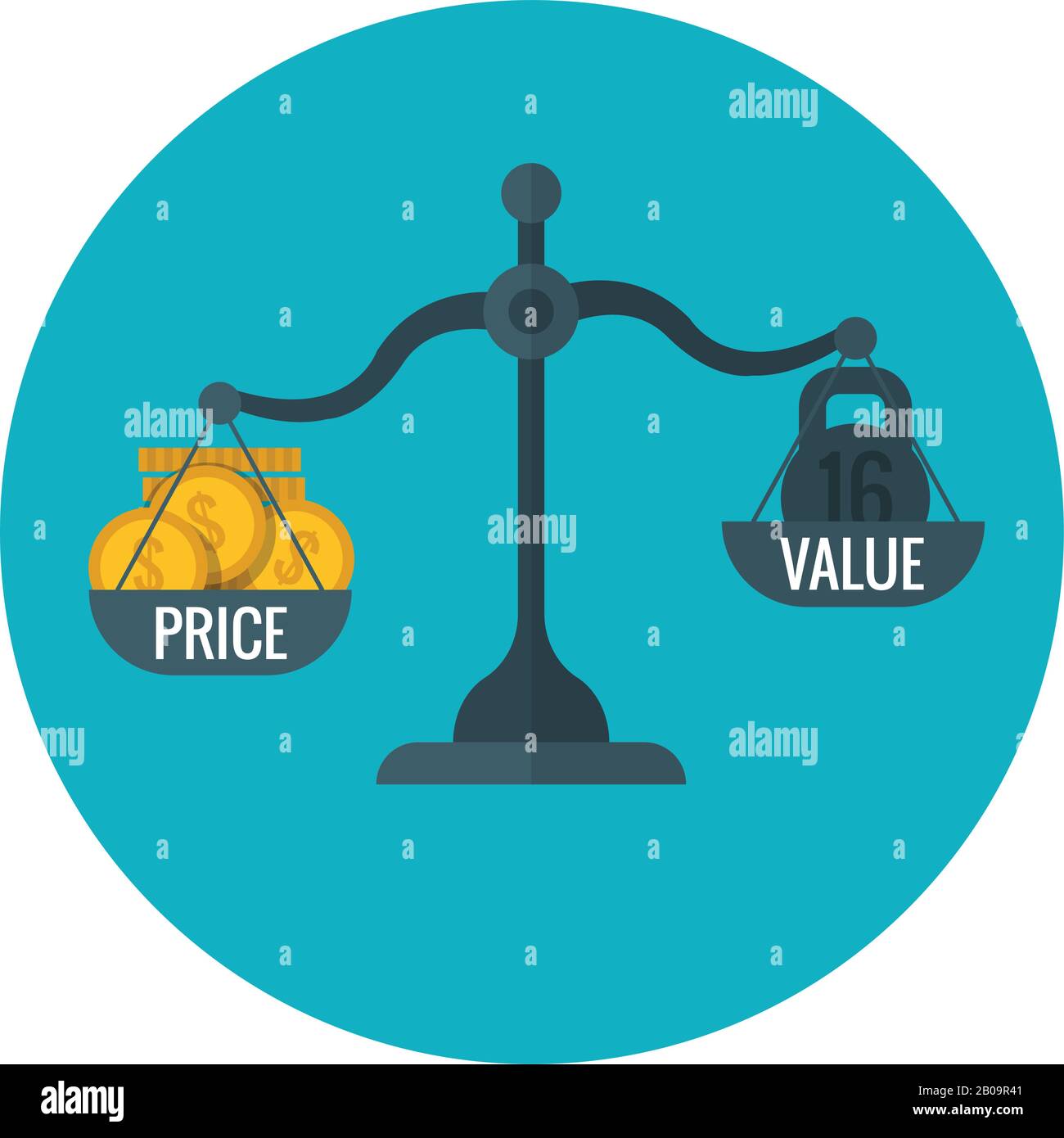 Misurazione commerciale di prezzo e valore su scala, determinazione dei prezzi per il concetto di vettore di profitto. Confrontare prezzo e valore su scala, illustrazione della misurazione della scala finanziaria Illustrazione Vettoriale