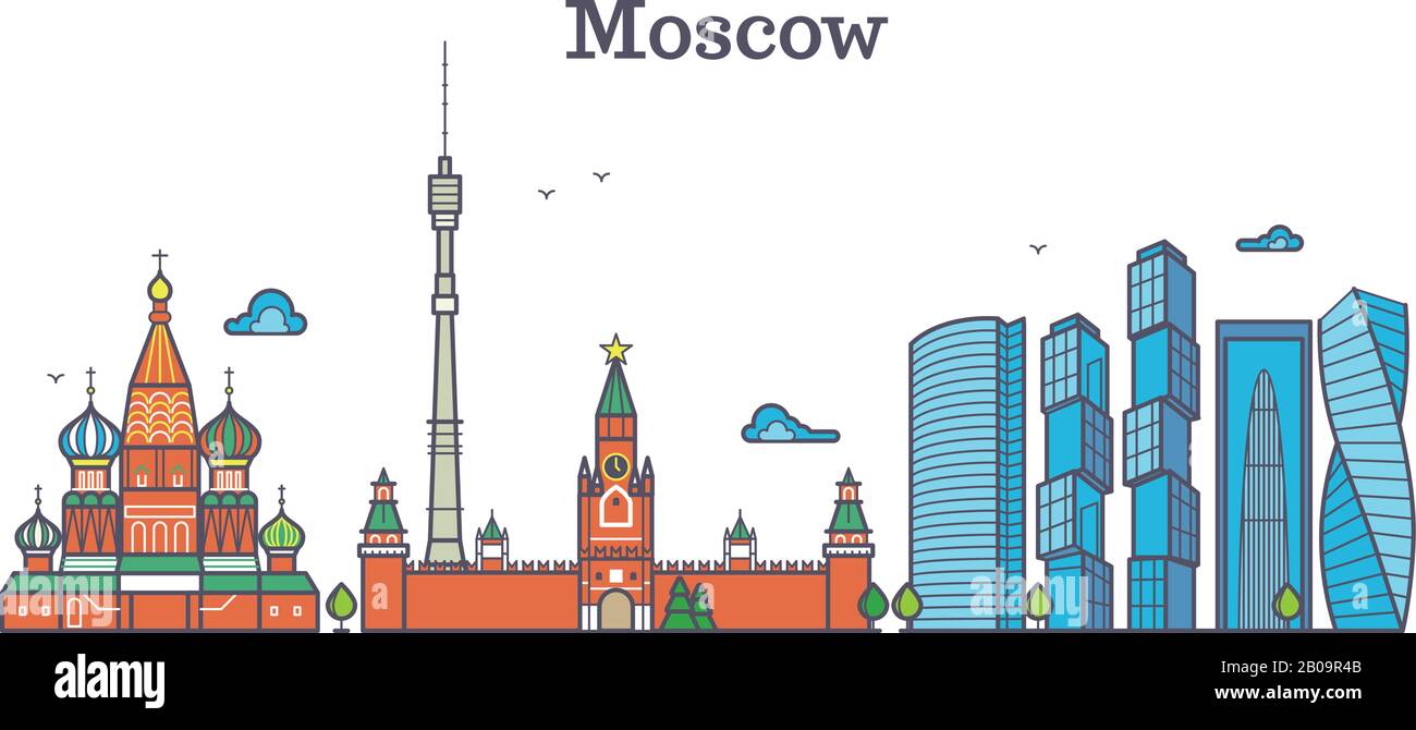 Mosca vettore linea panorama, moderno skyline della città, russia contorno simbolo, piatto paesaggio urbano. Skyline mosca design, illustrazione del panorama della città di mosca Illustrazione Vettoriale