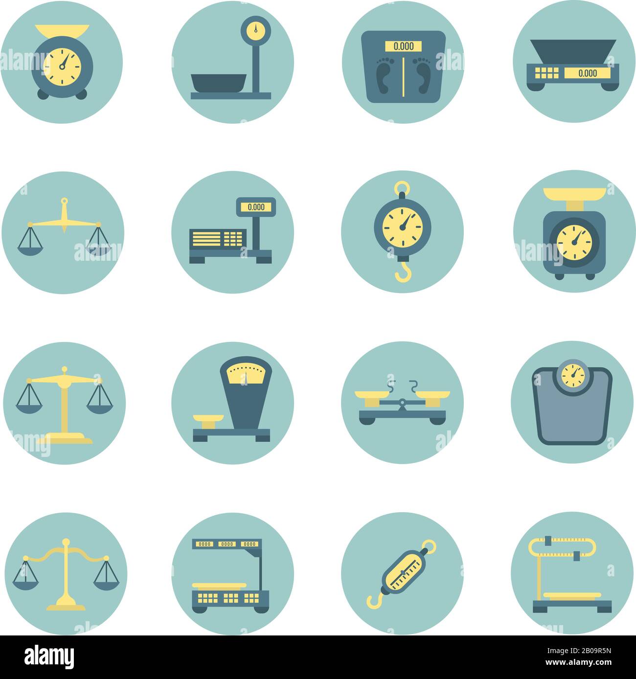 Bilancia vintage, bilancia elettronica e meccanica, icone vettoriali piatte per la misurazione del peso. Bilance per bagagli o per uso medico, illustrazione precisa della misurazione della bilancia Illustrazione Vettoriale