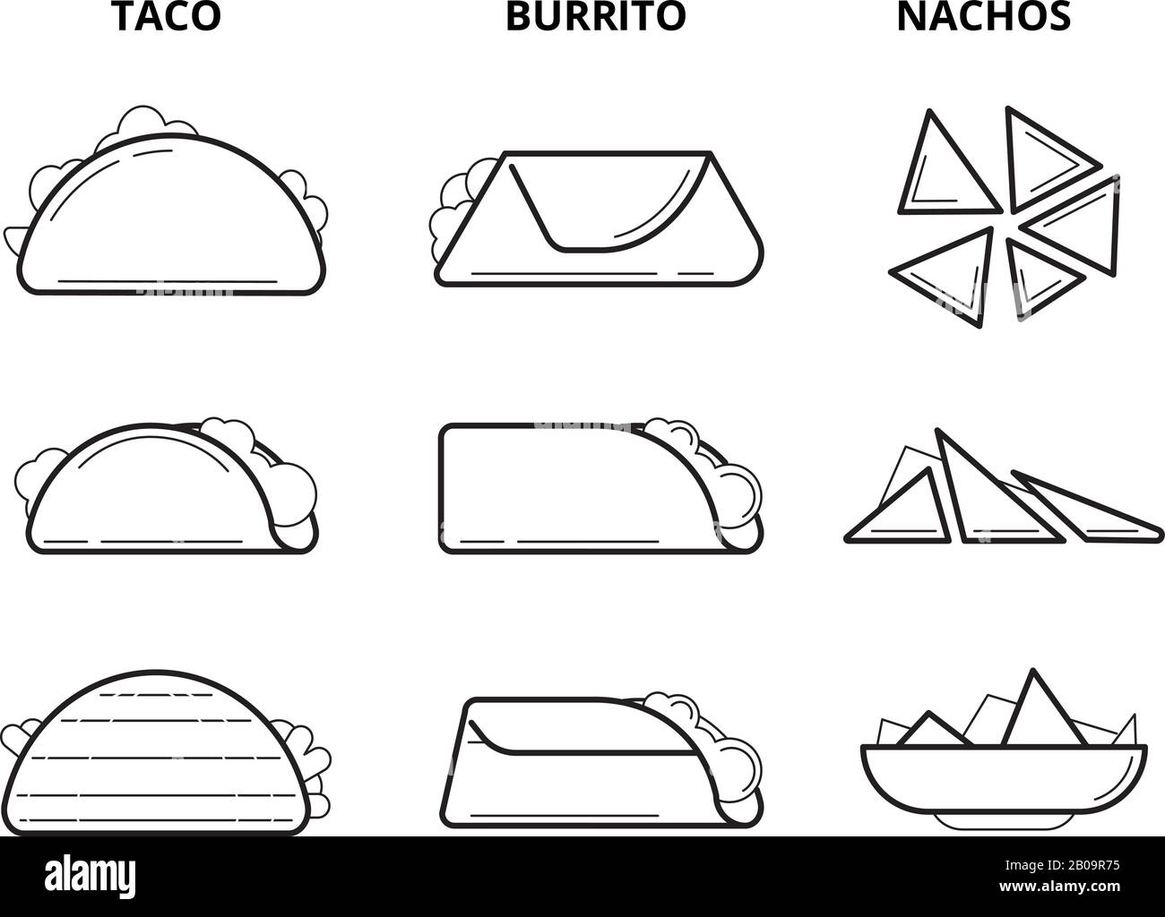 Cucina messicana. Taco, burrito e nachos che mangiano spuntini linea vettore set. Pasto messicano in stile lineare Illustrazione Vettoriale