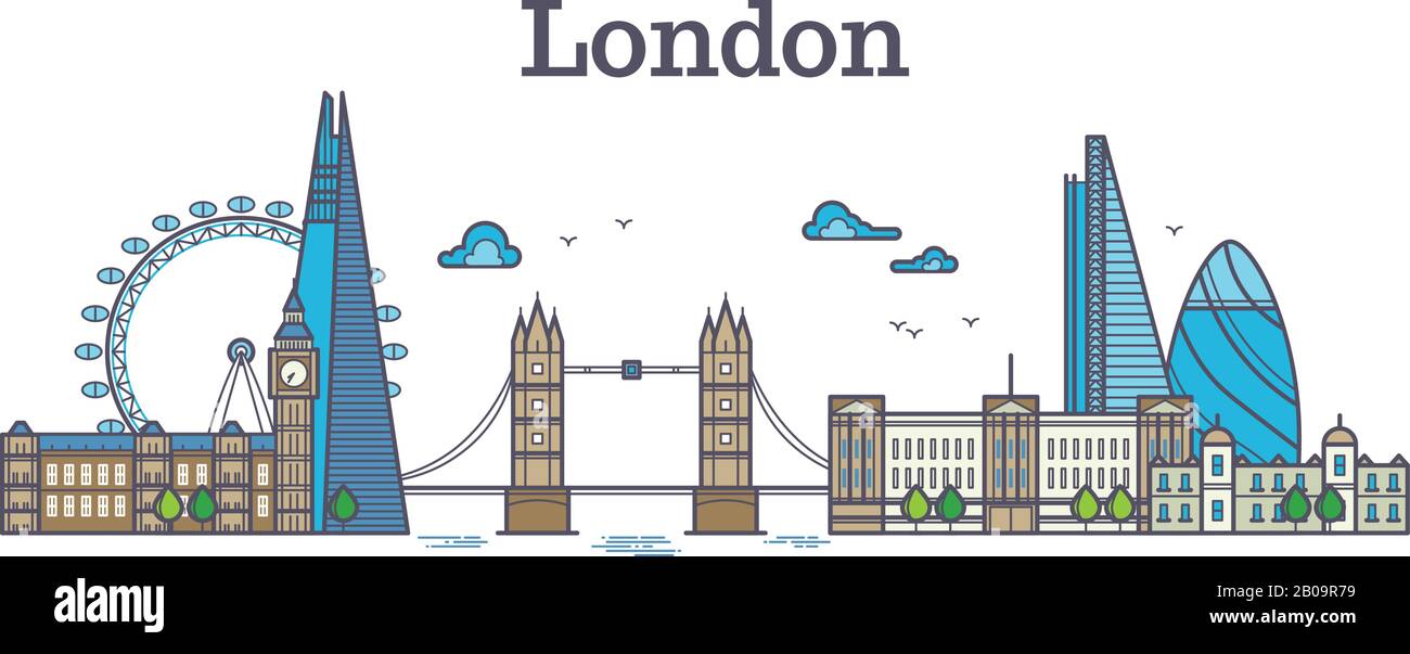 Vista sulla città di Londra, skyline urbano con edifici, punti di riferimento europei, moderna illustrazione a vettore piatto. Famosa per l'architettura della città di Londra, il grande ben e il ponte Illustrazione Vettoriale