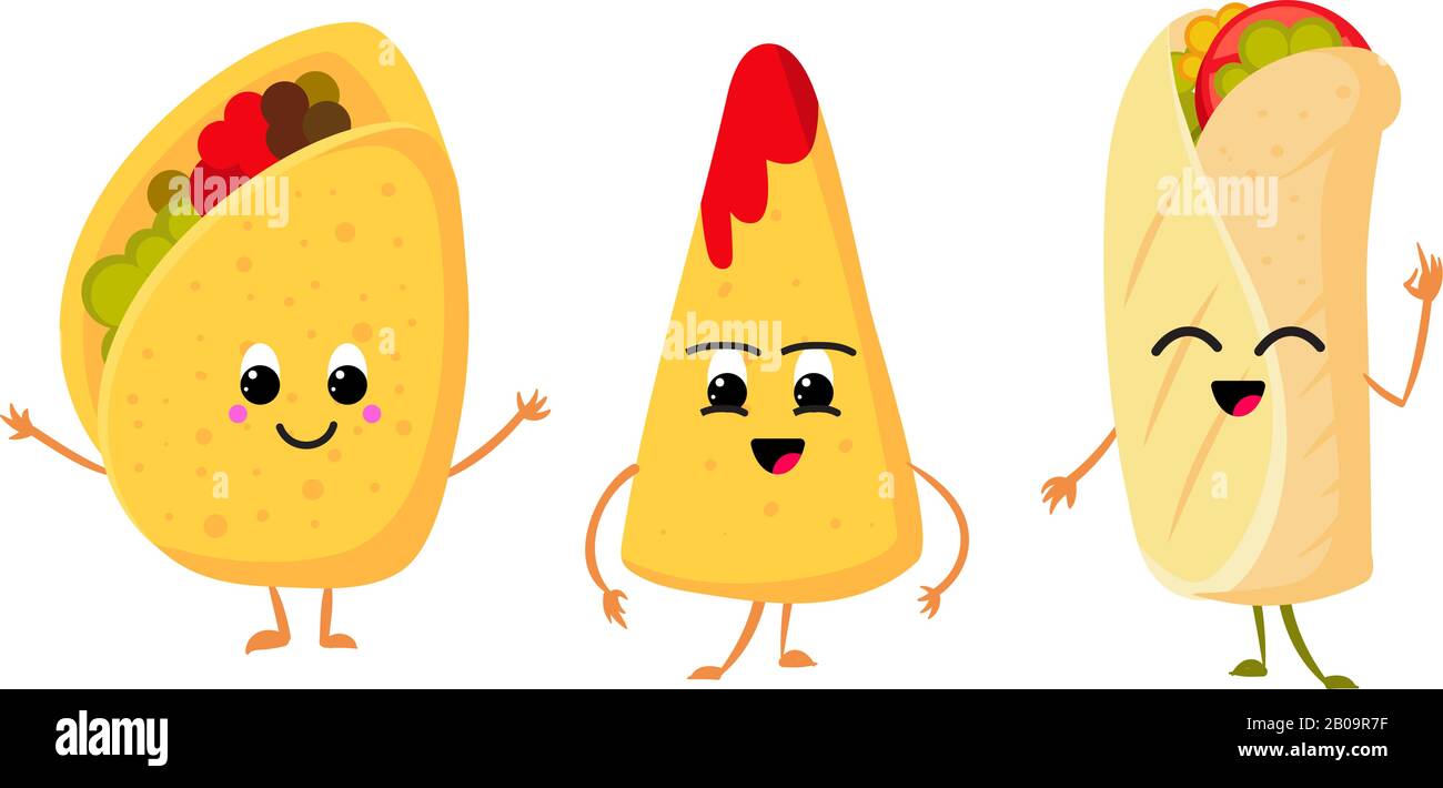 Carino e divertente corn taco, burrito e nachos con sorriso in faccia. Pranzo fresco cibo messicano vettore set. Carattere divertente cibo messicano, illustrazione di cucina messicana Illustrazione Vettoriale