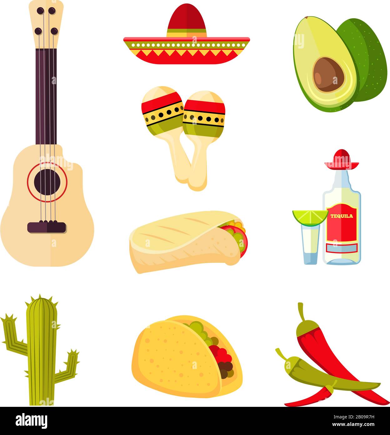 Cucina messicana Cartoon verdure, cibo e bevande vettore stock menu icone. Cucina messicana tradizionale, illustrazione di tequila bevanda messicana e peperoncino Illustrazione Vettoriale