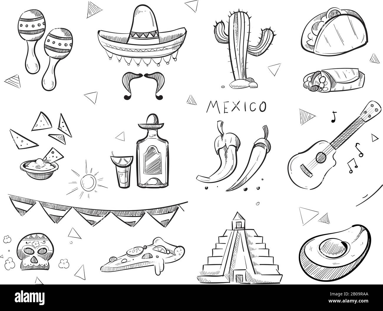 Doodle cibo messicano, tequila, peperoncino rosso caldo peperoni, sombrero, chitarra, tacos mano disegnato icone vettore. Tequila messicana e cibo, illustrazione di schizzo messicano pepe e chitarra Illustrazione Vettoriale