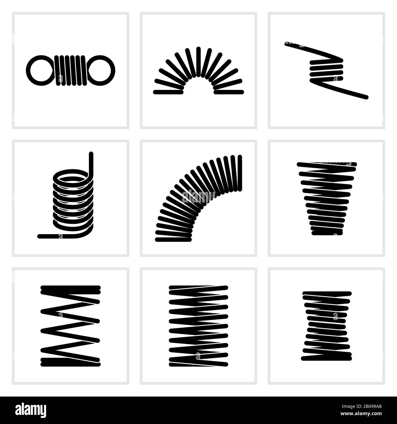 Icone vettoriali elastiche a spirale in metallo con filo flessibile. Spirale elastica flessibile, illustrazione della molla elicoidale Illustrazione Vettoriale