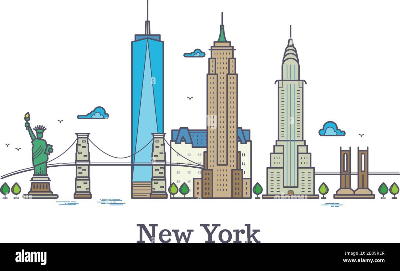 Simbolo vettoriale della linea di New york, panorama della silhouette di nyc, illustrazione vettoriale dello skyline dell'america. Edificio a torre di architettura della citta' di New york Illustrazione Vettoriale