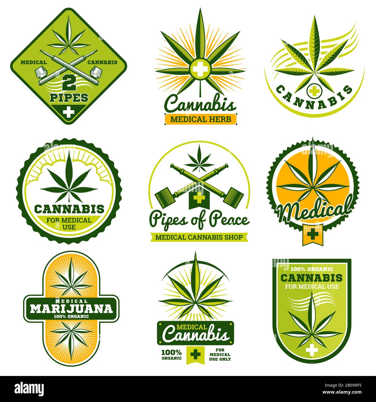 Marijuana, hashish, farmaci vettore loghi ed etichette set. Pianta di cannabis medica, illustrazione di etichetta legale cannabis Illustrazione Vettoriale
