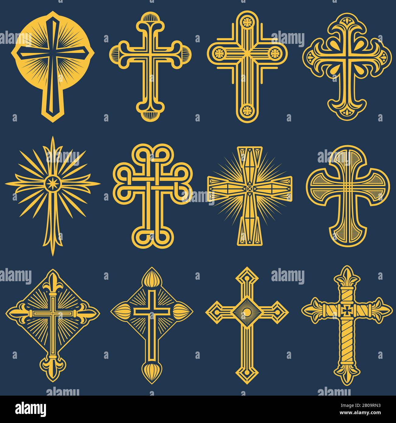 Icone vettoriali cattoliche gotiche, simbolo del cattolicesimo. Religione simbolo cristianesimo, insieme di cristianesimo attraversa illustrazione Illustrazione Vettoriale
