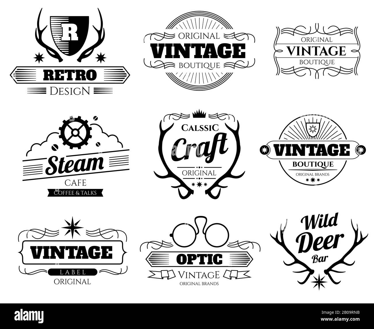 Set di etichette e loghi vintage vector hippster con corna di cervo. Logo hippster per boutique o caffè, ilustation di emblema con corna Illustrazione Vettoriale