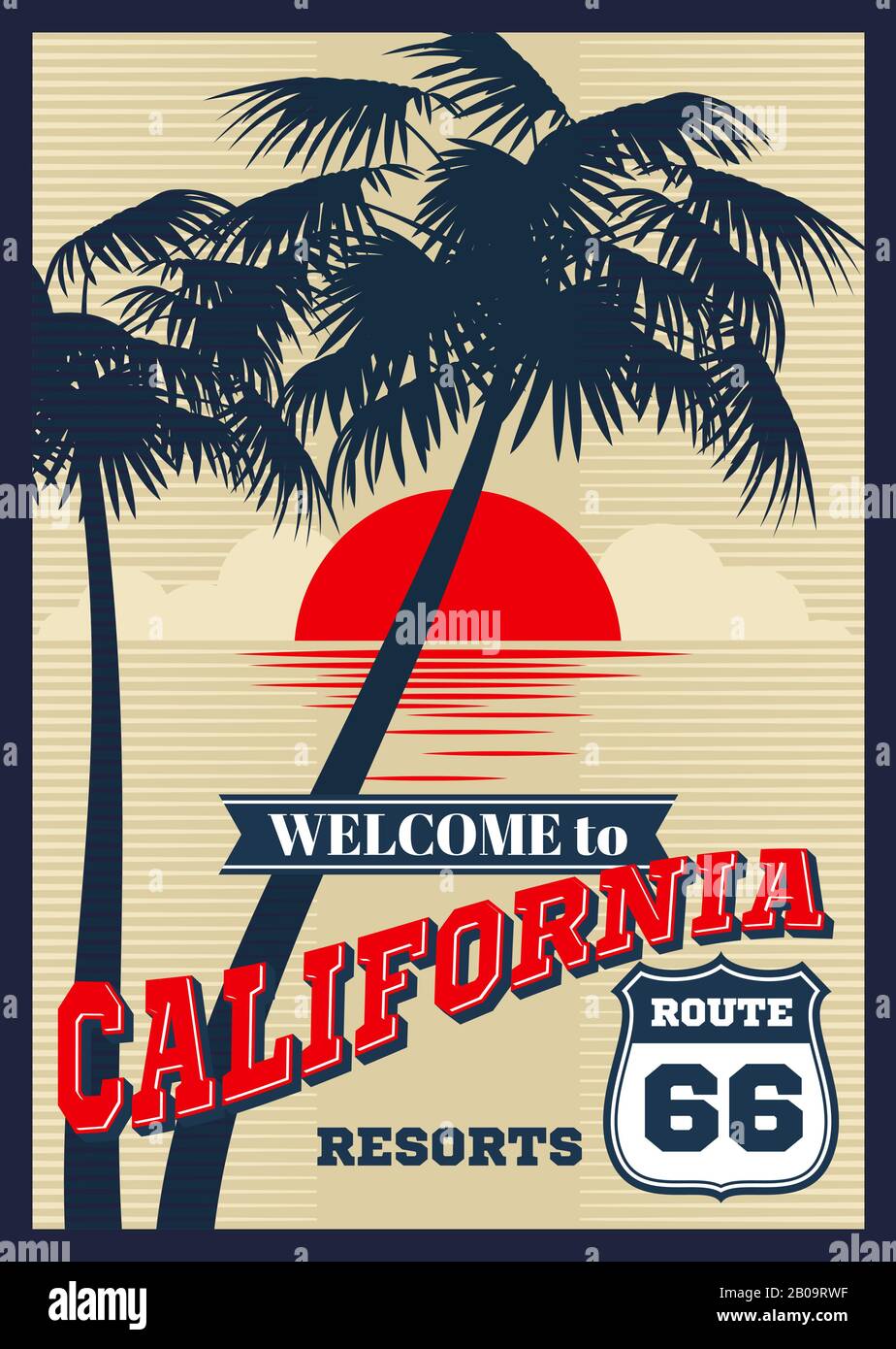Poster estivo vintage california Vector, stampa con t-shirt retrò. California spiaggia estiva, banner di moda california resort con silhouette di palme llustration Illustrazione Vettoriale