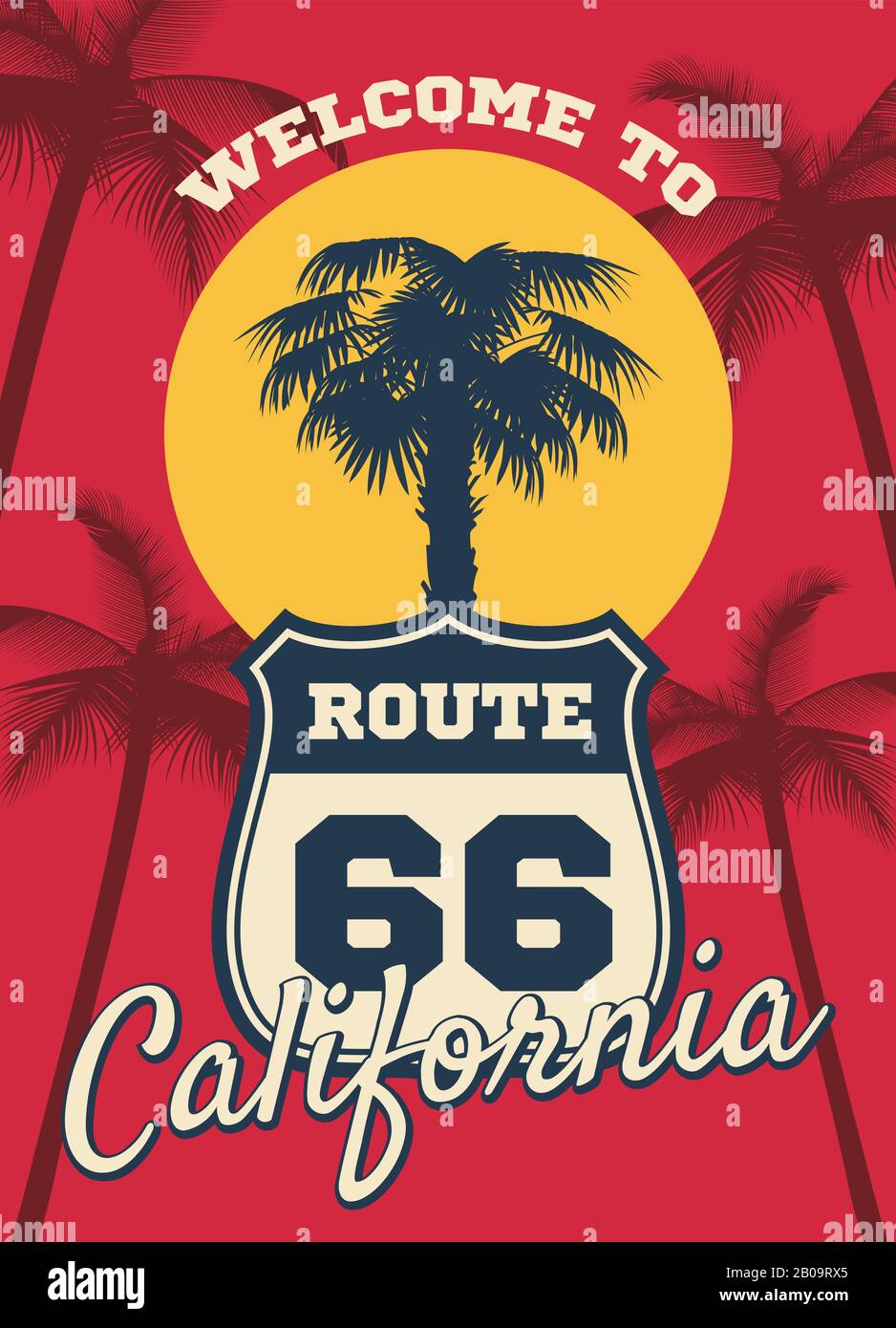 California spiaggia mare tema vettore sogno sfondo, cartolina design. Silhouette di palma da albero in california, illustrazione del cartello Route 66 per viaggiare in california Illustrazione Vettoriale