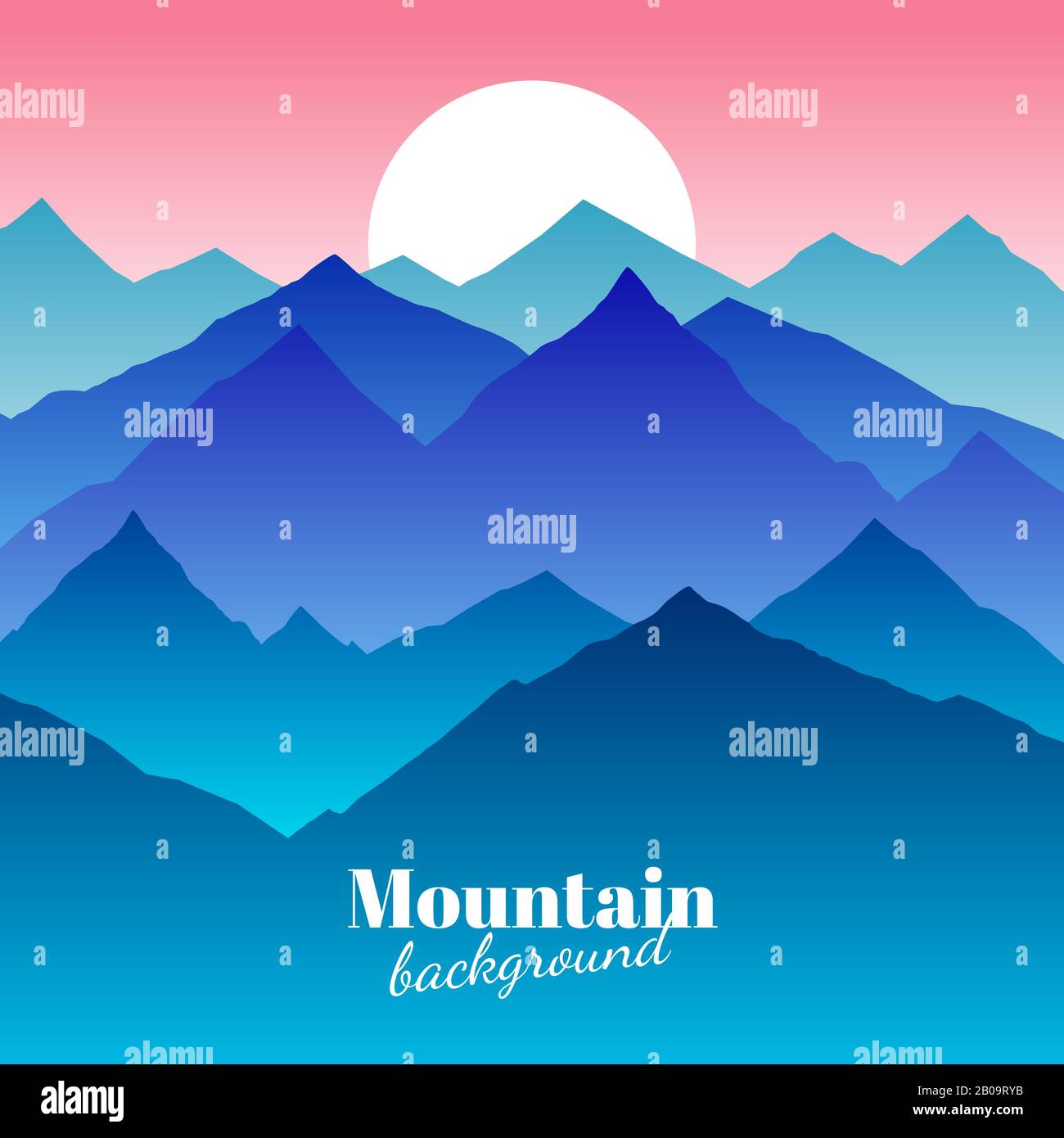 Natura astratto paesaggio di montagna e tramonto vettore sfondo. Montagna e sole, illustrazione del cielo all'aperto con sole e montagna Illustrazione Vettoriale
