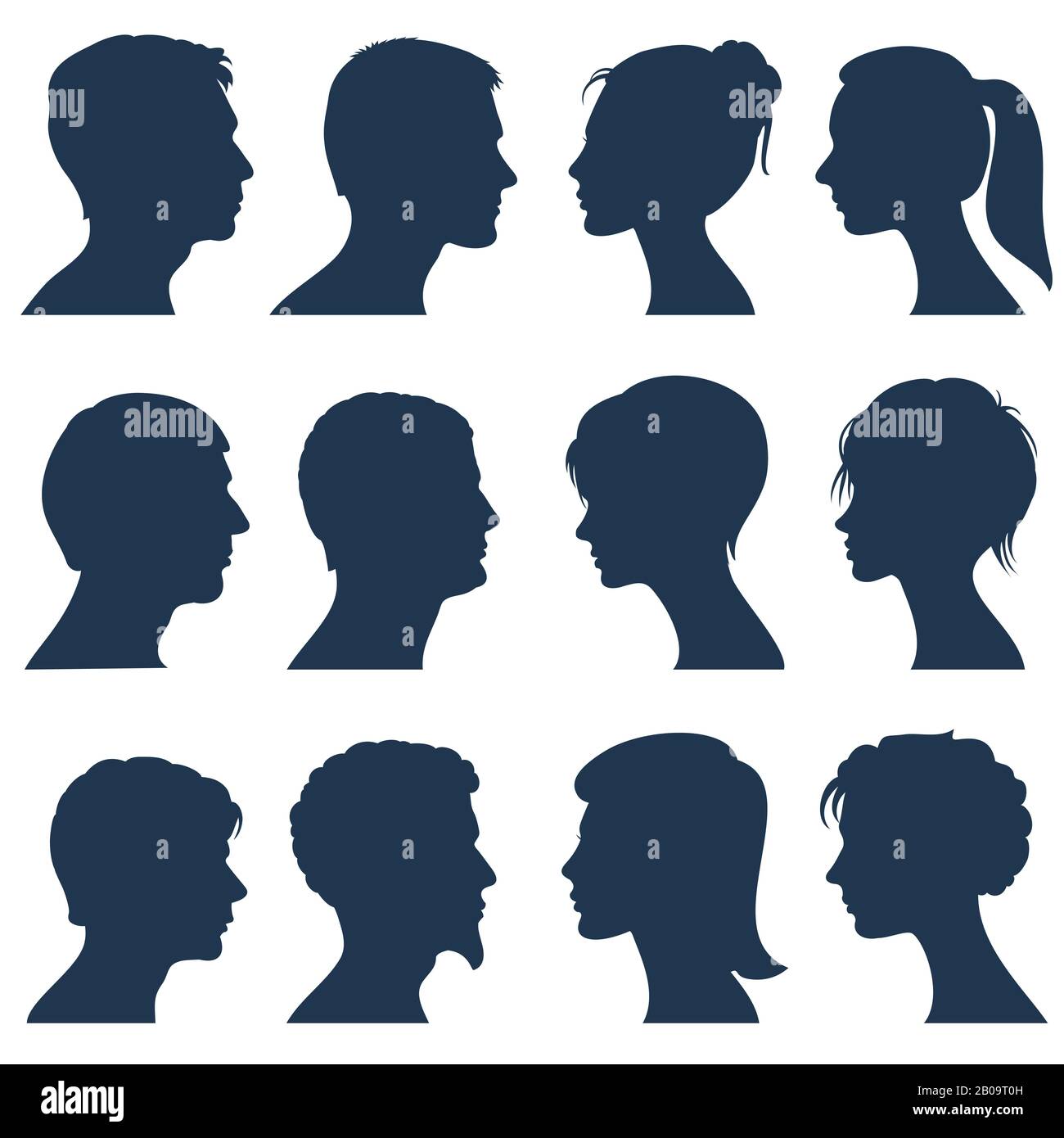 Silhouette vettoriali per profilo viso uomo e donna. Silhouette di testa umana, illustrazione della silhouette vista testa laterale Illustrazione Vettoriale