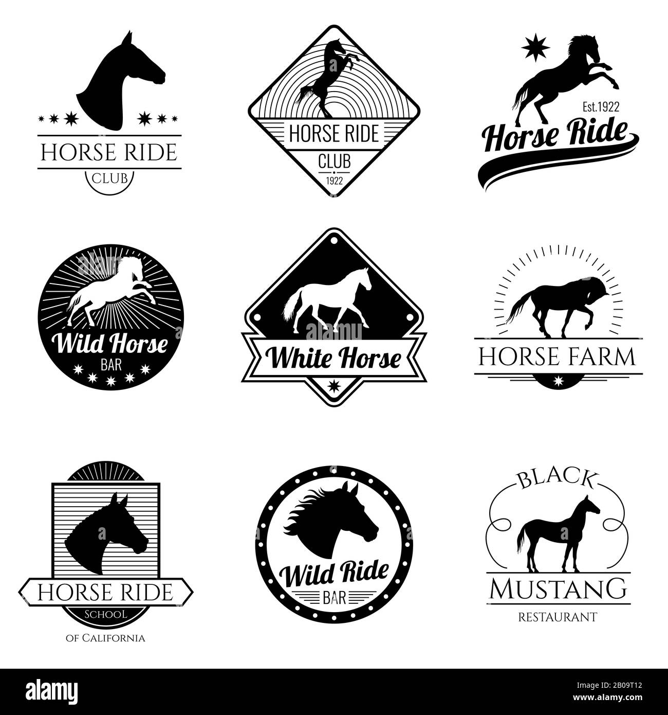 Racing Horse, corsa mare vettore vintage loghi ed etichette set. Emblema con stallone di cavallo, illustrazione del logo con cavallo di mustang Illustrazione Vettoriale