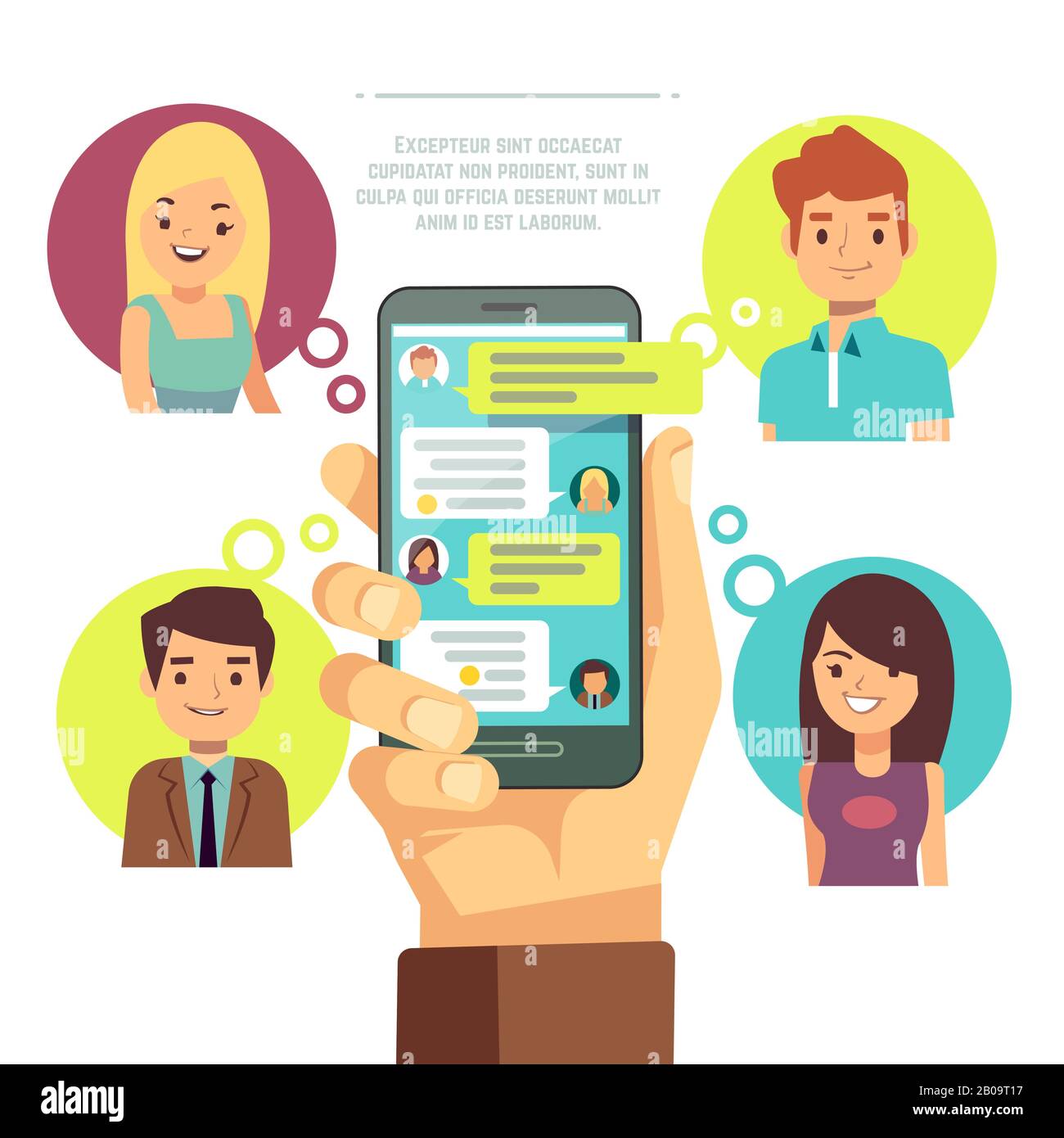 Smartphone portatile con chat online con gli amici. Chat mobile, social network, messaggistica istantanea sms Vector Concept. Comunicazione Internet con gli amici illustrazione Illustrazione Vettoriale