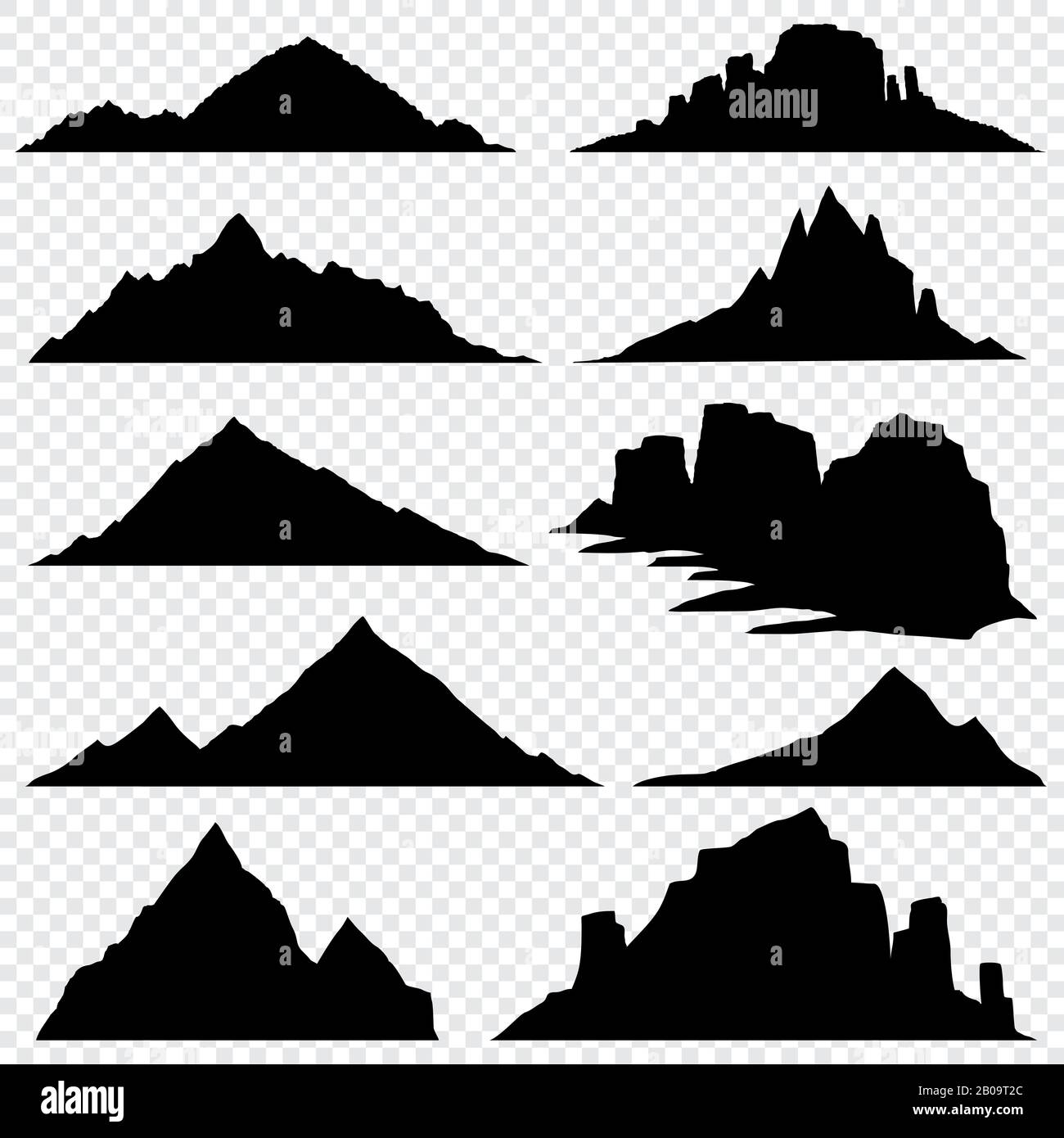 Set di sagome vettoriali nere della catena montuosa, si affaccia sul paesaggio escursionistico. Silhouette nere paesaggio di montagna, natura montagna collina picco illustrazione Illustrazione Vettoriale