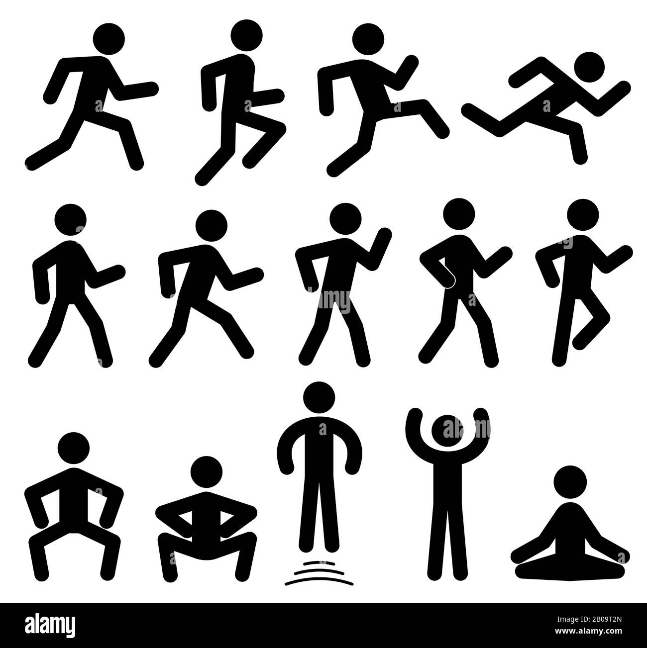 Persone figure in movimento, corsa, camminare, saltare vettore icone nere. Movimento sportivo, illustrazione della silhouette sportivo Illustrazione Vettoriale