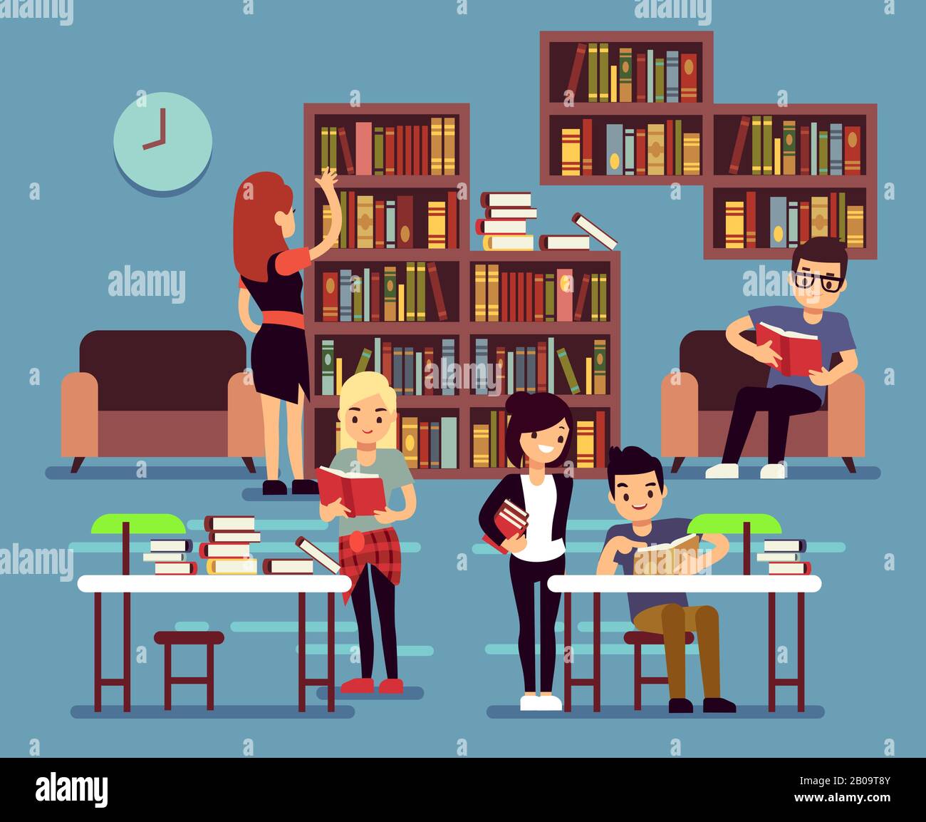 Studiare gli studenti in biblioteca interni con libri e librerie vettore illustrazione. Studente universitario in biblioteca studiare e leggere, studente di apprendimento manuale Illustrazione Vettoriale