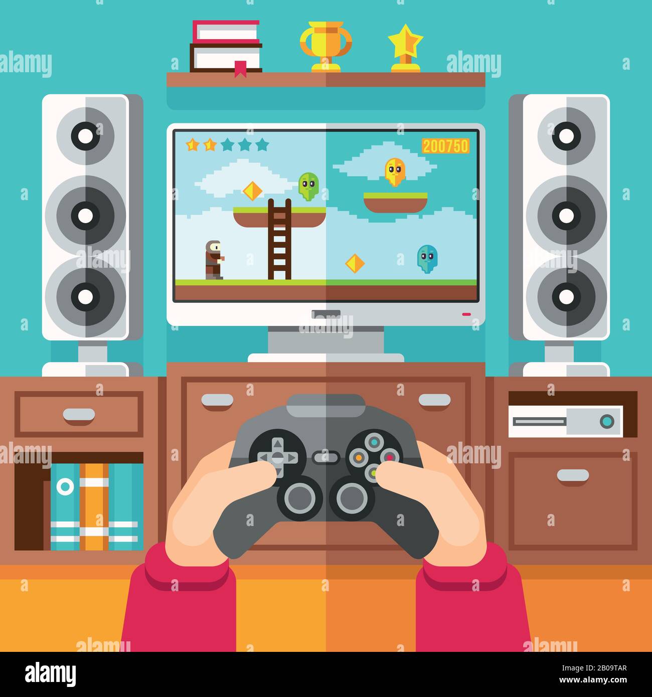Gioco di gioco teenager con gamepad e illustrazione vettoriale di stazione di gioco e di intrattenimento. Ragazzo che gioca nel video gioco con joystick Illustrazione Vettoriale