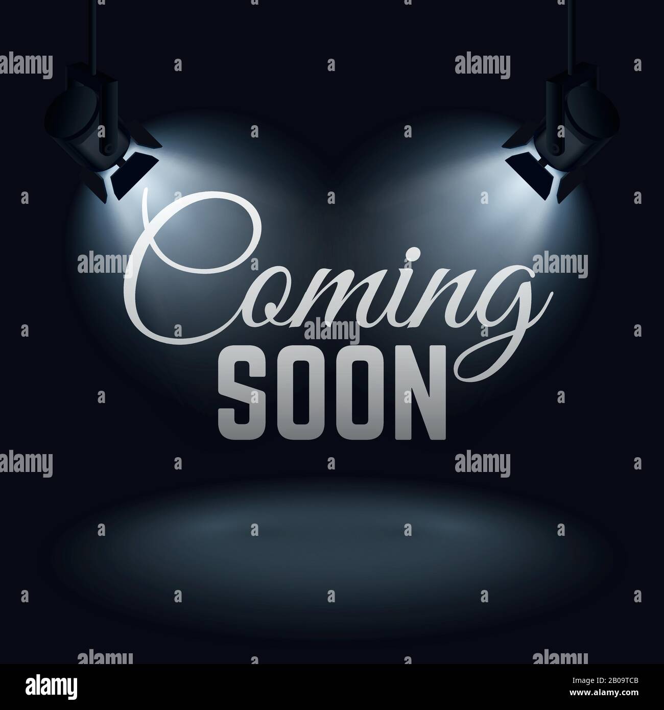 Prossimamente Vector Mystery retail Concept con riflettori sul palco. Banner promozionale in arrivo, illustrazione del testo illuminato in arrivo Illustrazione Vettoriale