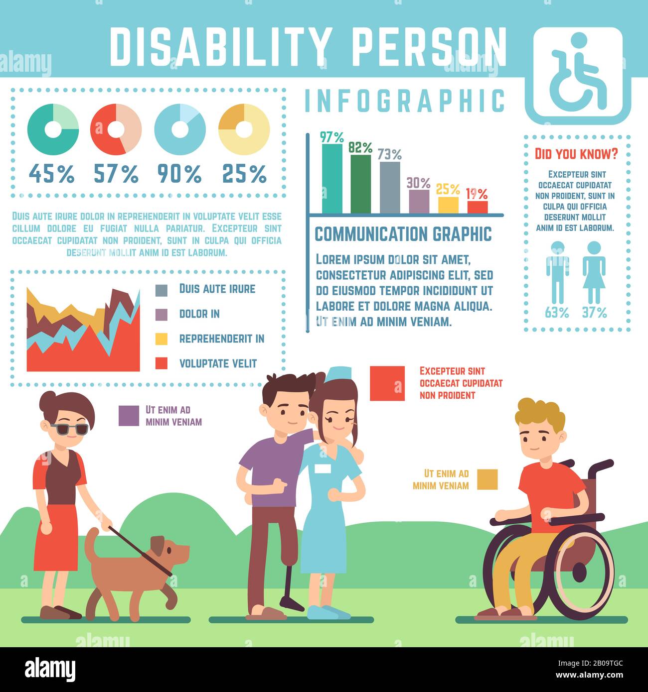 Infografica sui vettori per disabili, disabili e portatori di handicap. Informazioni banner persone disabili non valide, illustrazione delle statistiche persone disabili medici Illustrazione Vettoriale