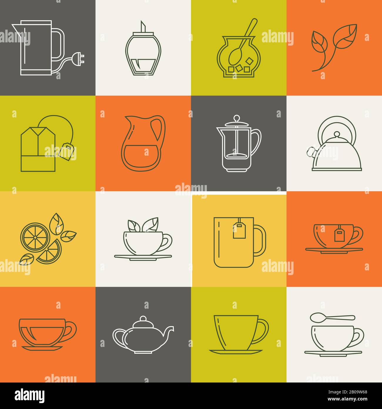 Set di icone vettoriali multicolor tea sottile linea. Icone nell'illustrazione dello stile del contorno Illustrazione Vettoriale