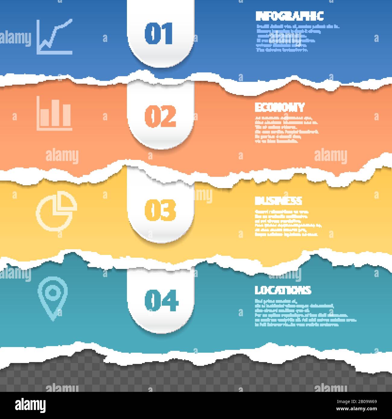 Strisce colorate di carta strappata, modello infografico vettoriale con testo e icone. Striscione strappato con informazioni, illustrazione di grunge strappato cartone orizzontale Illustrazione Vettoriale
