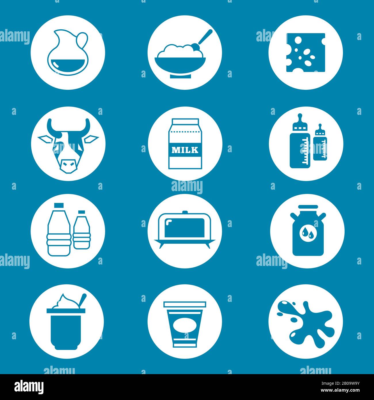 Set di icone per i prodotti del diario e i vettori del latte. Bottiglia di latte fresca e illustrazione del formaggio Illustrazione Vettoriale