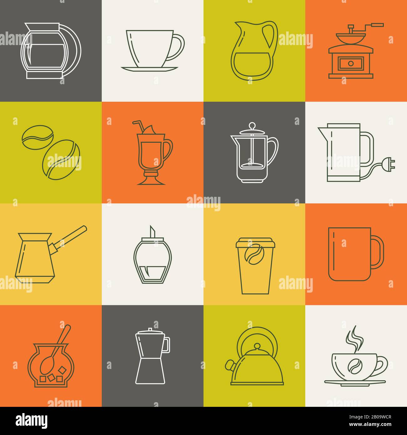 Set di icone vettoriali a linee sottili di caffè multicolore. Collezione di linea design tè e caffè segni illustrazione Illustrazione Vettoriale