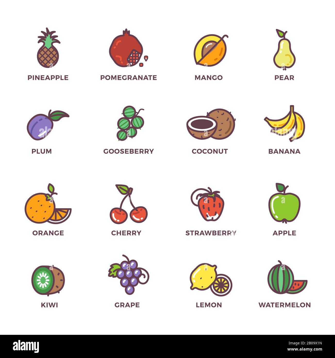 Frutta cruda cibo colorato icone vettore set. Illustrazione di cibo vegetariano fresco narurale Illustrazione Vettoriale