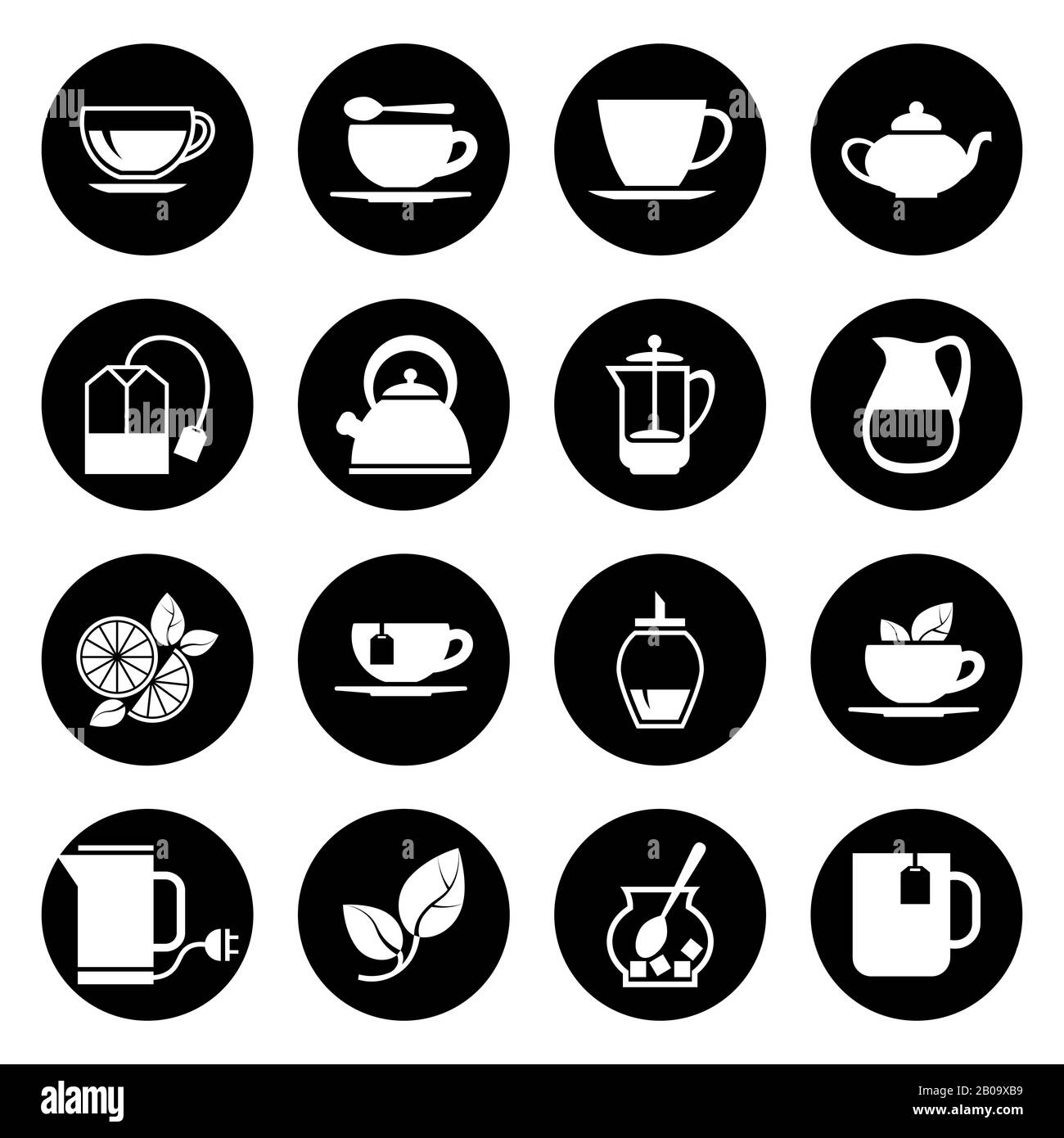 Le icone del vettore del tè sono impostate in bianco e nero. Tazza di tè nero caldo illustrazione Illustrazione Vettoriale