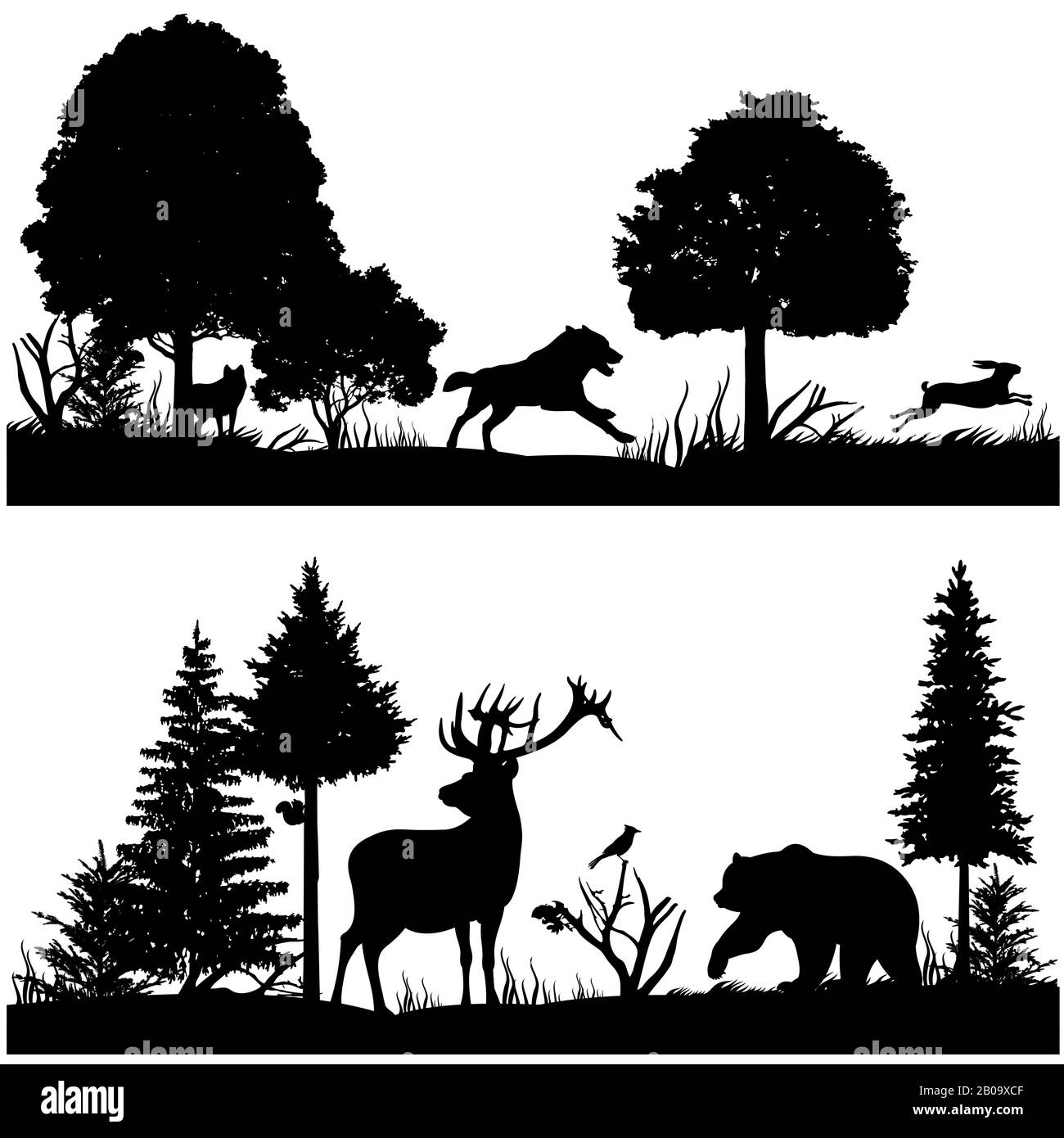 Silhouette di animali selvatici in verde abete foresta illustrazione vettoriale. Silhouette di animale in natura, legno di pino e animali Illustrazione Vettoriale
