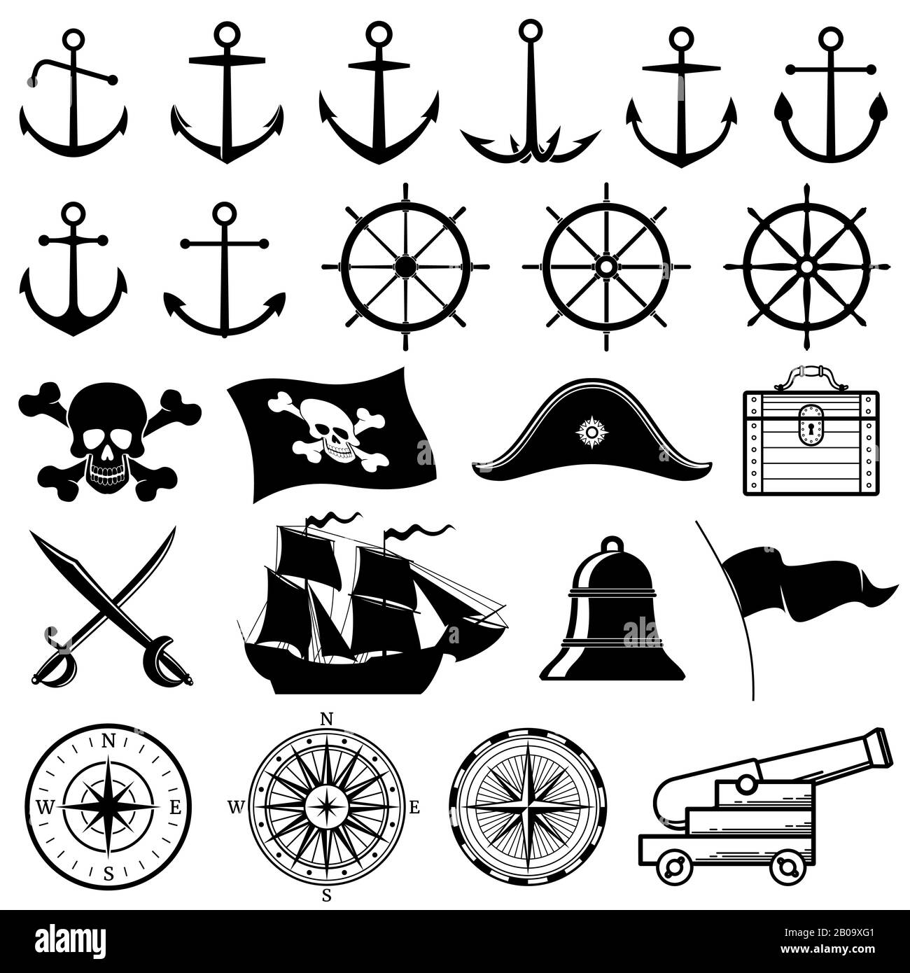 Barche d'epoca o marine, icone vettori pirata. Silhouette di bussola marina ed elementi nautici Illustrazione Vettoriale
