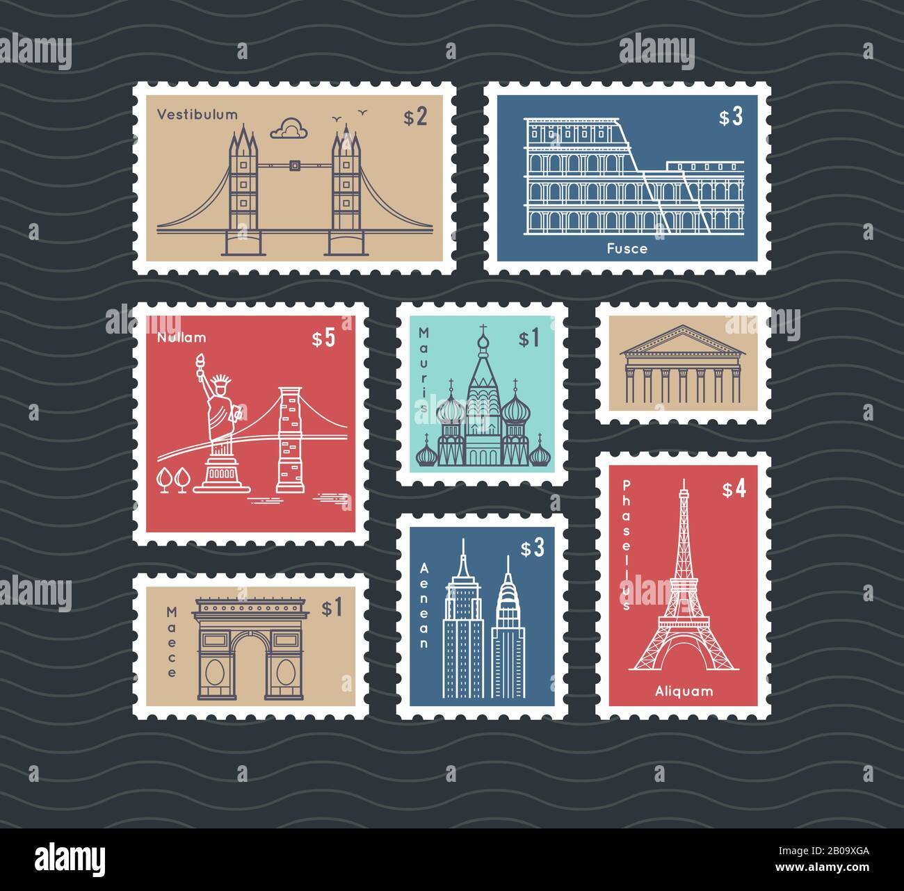 Francobolli con linee che viaggiano città monumenti nazionali insieme vettore. Postmark mail rettangolare, illustrazione del post-mark con la Torre eiffel Illustrazione Vettoriale