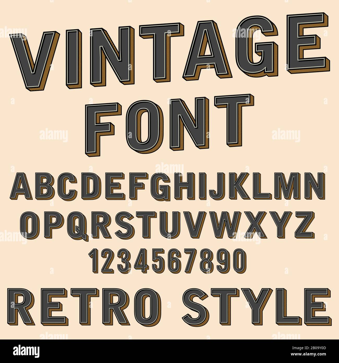 Retro 3d alfabeto e segno di numero, vecchio stile tipografico, vettore cartoon font lettere. Retro abc lettera disegno, illustrazione di stile abc vintage tipografia Illustrazione Vettoriale