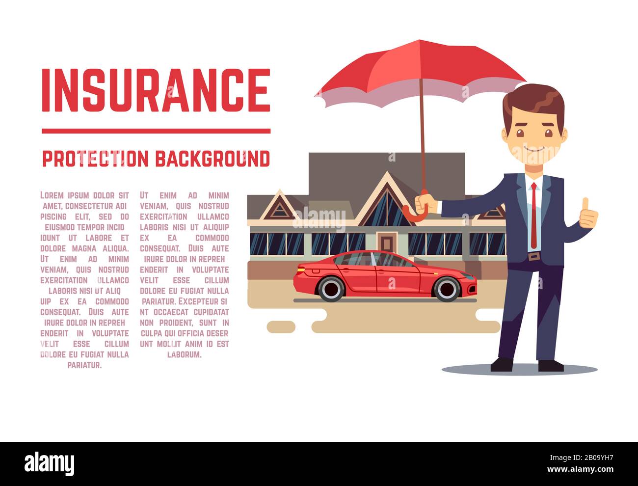 Concetto di vettore di assicurazione con agente di assicurazione che mostra documento, politica. Illustrazione banner assicurativo Illustrazione Vettoriale