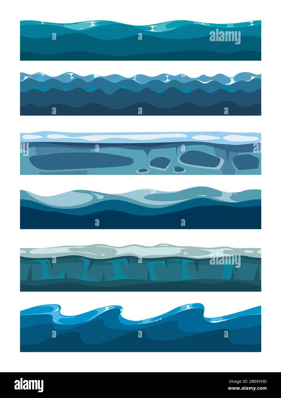 Set di sfondi marini per applicazioni di giochi per cellulari. Raccolta di illustrazione della superficie dell'acqua Illustrazione Vettoriale