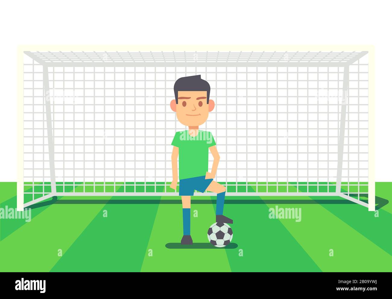 Portiere di calcio che tiene l'obiettivo sull'illustrazione del vettore dell'arena. Portiere cartone animato con palla Illustrazione Vettoriale